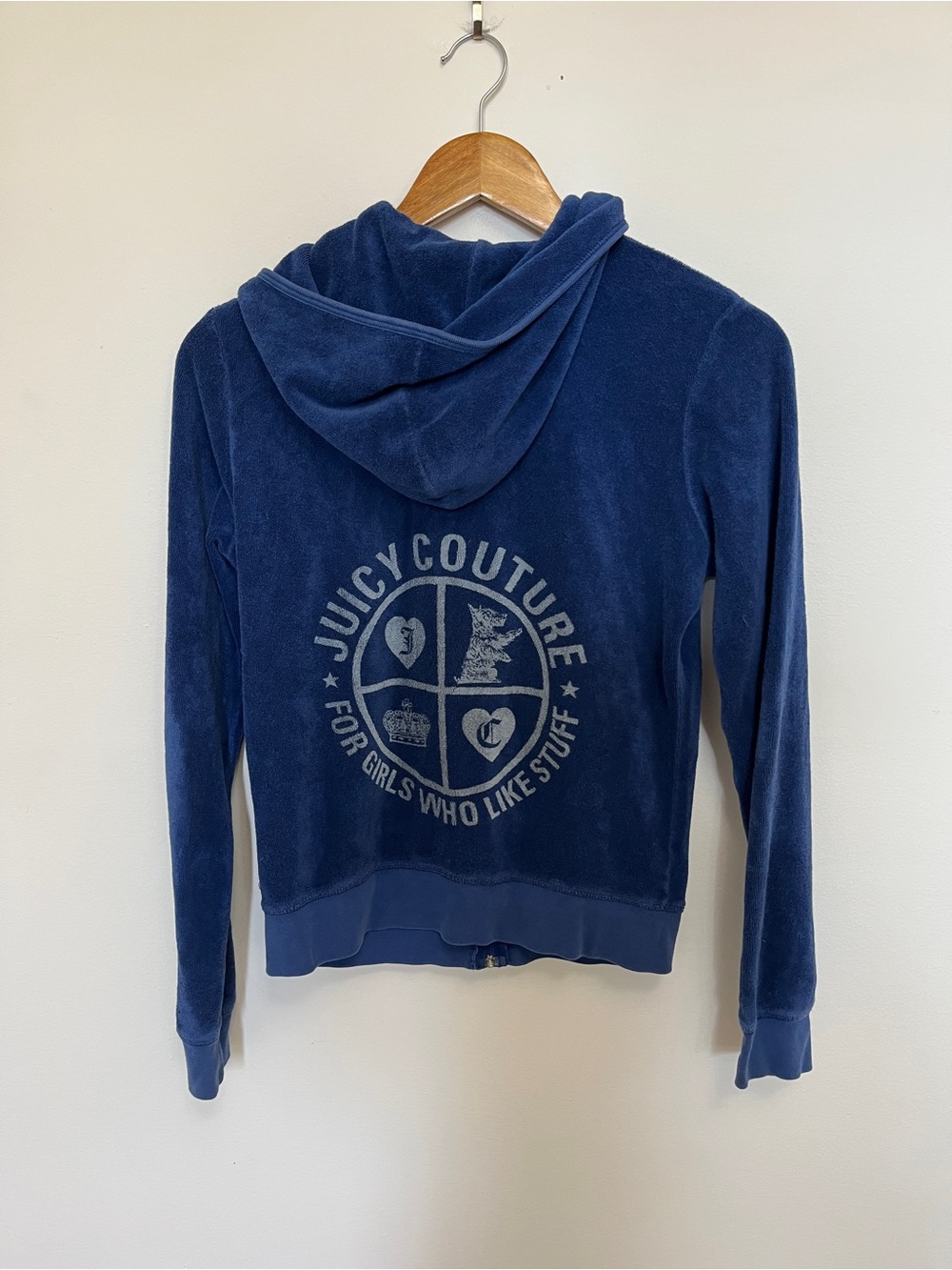 Y2K Juicy Couture For Girls Who Like Stuff Blue Terry Crop Hoodie Size Large